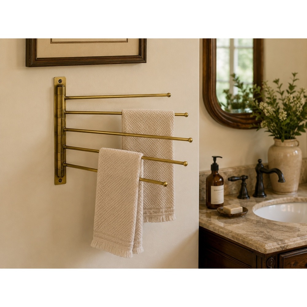 Vintage Brass Tone 5 Arm Swing Towel Rack Wall Mount Bathroom 10x11